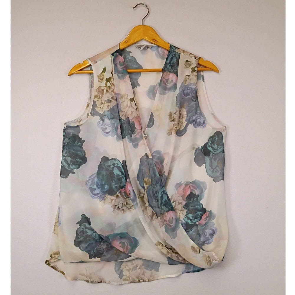 Floral H&M Women 10 White Blue Sleeveless Draped Wrap Front Chiffon Blouse